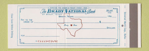 Matchbook Cover - Brady National Bank Brady TX Full Length