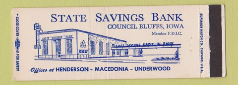 Matchbook Cover - State Savings Bank Council Bluffs IA Macedonia Henderson