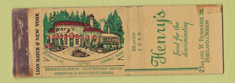 Matchbook Cover - Henry's Restaurant Portland OR WORN