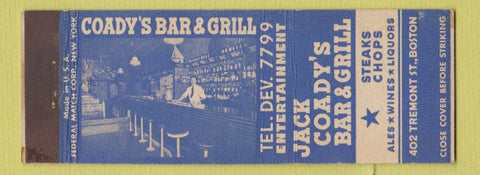 Matchbook Cover - Jack Coady's Bar Grill Boston MA Federal