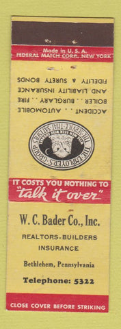 Matchbook Cover - WC Bader Real Estate Insurance Bethlehem PA Federal