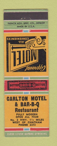 Matchbook Cover - Carlton Motel BBQ Chatham ON? MI?