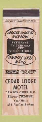 Matchbook Cover - Cedar Lodge Motel Dawson Creek BC