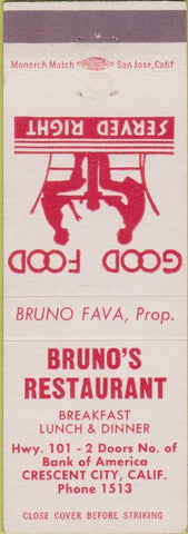 Matchbook Cover - Bruno's Restaurant Crescent City CA
