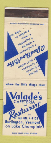 Matchbook Cover - Valade's Cafeteria Restaurant Burlington VT