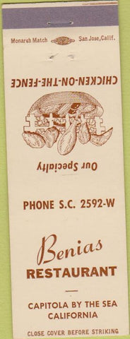 Matchbook Cover - Benias Restaurant Capitola by the Sea CA