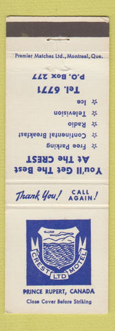 Matchbook Cover - Crest Motel Prince Rupert BC