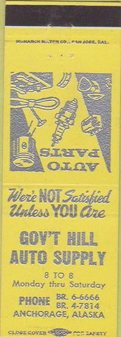 Matchbook Cover - Government Hill Auto Supply Anchorage AK yellow