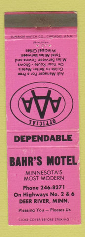 Matchbook Cover - Bahr's Motel Deer River MN WORN