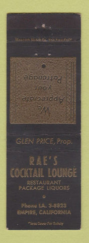 Matchbook Cover - Rae's Cocktail Lounge Empire CA BLACK