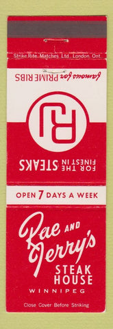 Matchbook Cover - Rae and Jerry's Steak House Winnipeg MB