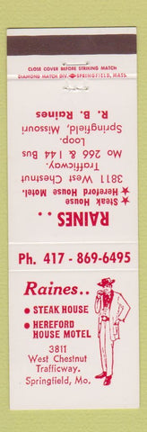 Matchbook Cover - Raines Steak House Hereford House Motel Springfield MO