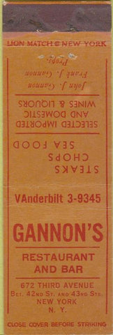 Matchbook Cover - Gannon's Restaurant Bar New Y ork City