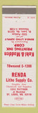 Matchbook Cover - Renda Litho Supply St Louis MO Kohl Madden Printing Ink