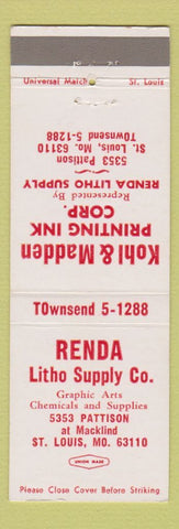 Matchbook Cover - Renda Litho Supply St Louis MO Kohl Madden Printing Ink