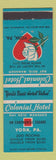 Matchbook Cover - Colonial Hotel York PA