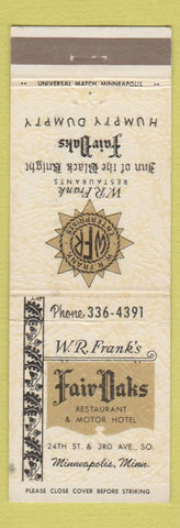 Matchbook Cover - WR Frank's Fair Oaks Restaurant Motor Hotel Minneapolis MN