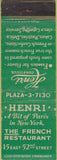 Matchbook Cover - Henri Confiseur Restaurant New York City WEAR