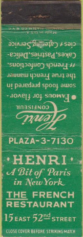 Matchbook Cover - Henri Confiseur Restaurant New York City WEAR