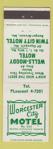Matchbook Cover - Worcester City Motel Boston MA Wells Moody Ogunquit Bangor ME