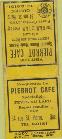 Matchbook Cover - Pierrot Cafe St Pierre QC Eddy Quality BOBTAIL