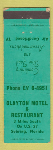 Matchbook Cover - Clayton Motel Restaurant Sebring FL WEAR