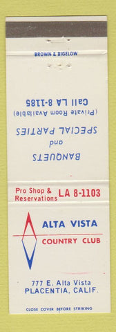 Matchbook Cover - Alta Vista Country Club Placentia CA