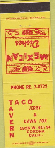 Matchbook Cover - Taco Tavern Cornoa CA Mexican Food