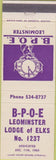 Matchbook Cover - Elks Lodge Leominster MA