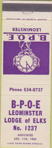 Matchbook Cover - Elks Lodge Leominster MA