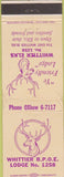 Matchbook Cover - Elks Lodge Whittier CA