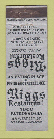 Matchbook Cover - Riggs Restaurant New York City FEDERAL LONG