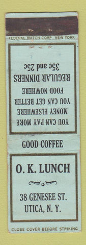 Matchbook Cover - OK Lunch Utica NY FEDERAL LONG