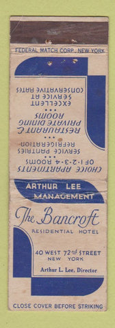 Matchbook Cover - Bancroft Hotel New York City FEDERAL LONG WEAR