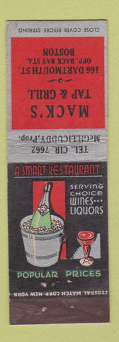 Matchbook Cover - Mack's Tap Grill Boston MA FEDERAL LONG