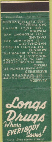 Matchbook Cover - Longs Drugs Alameda Bakersfield Fresno CA