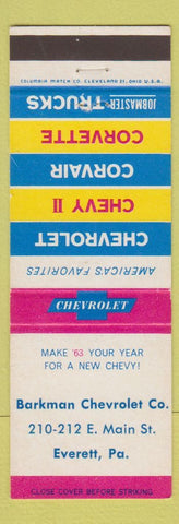Matchbook Cover - 1963 Chevrolet Barkman Everett PA