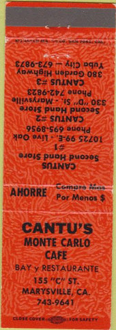 Matchbook Cover - Cantu's Monte Carlo Cafe Marysville CA