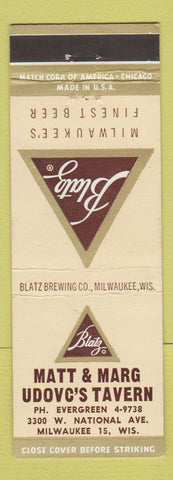 Matchbook Cover - Blatz Beer Matt & Marg Udovc's Tavern Milwaukee WI