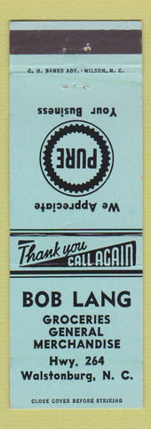 Matchbook Cover - Bob Lang Pure oil gas Walstonburg NC
