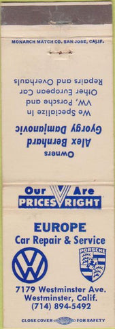 Matchbook Cover - Car Repair Volkswagen Porsche Westminster CA