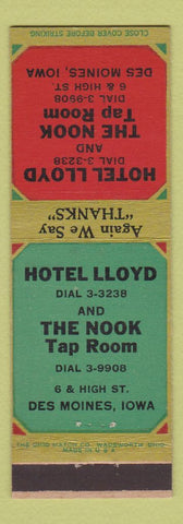 Matchbook Cover - Hotel Lloyd Nook Tap Room Des Moines IA