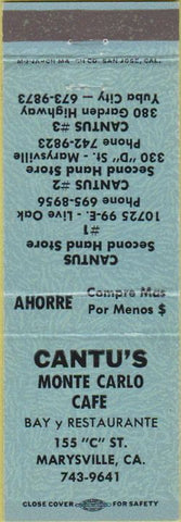 Matchbook Cover - Cantu's Monte Carlo Cafe Marysville CA blue