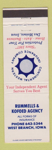 Matchbook Cover - Rummells & Kofoed Insurance West Branch IA