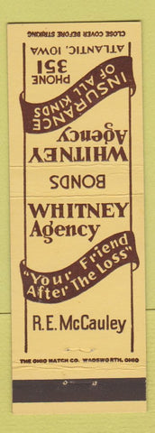Matchbook Cover - Whitney Insurance Atlantic IA RE McCauley