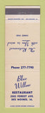 Matchbook Cover - Blue Willow Restaurant Des Moines IA