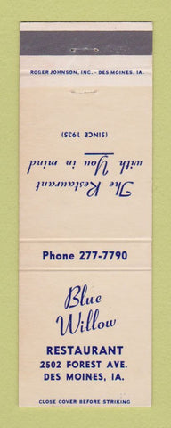 Matchbook Cover - Blue Willow Restaurant Des Moines IA