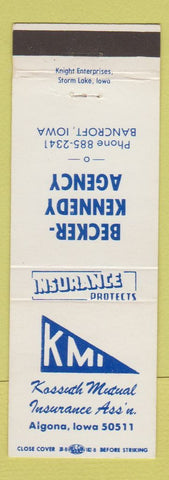 Matchbook Cover - Kossuth Mutual Insurance Algona IA Becker Kennedy Bancroft IA