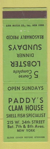 Matchbook Cover - Paddy's Clam House New York City