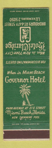 Matchbook Cover - Hotel Claridge New York City Governor Miami Beach FL